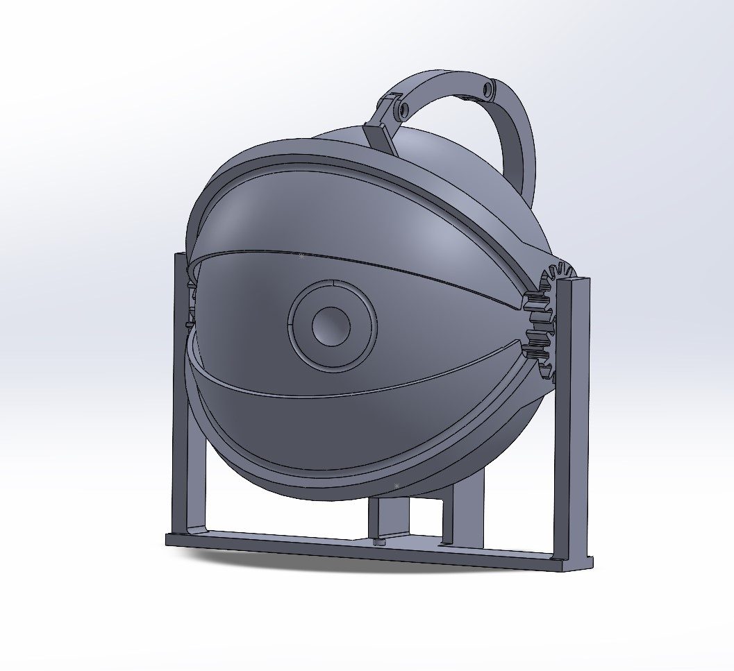 SolidWorks render of the animatronic eye mech: eyeball, geared eyelids and curved linkage on a test stand, front isometric view