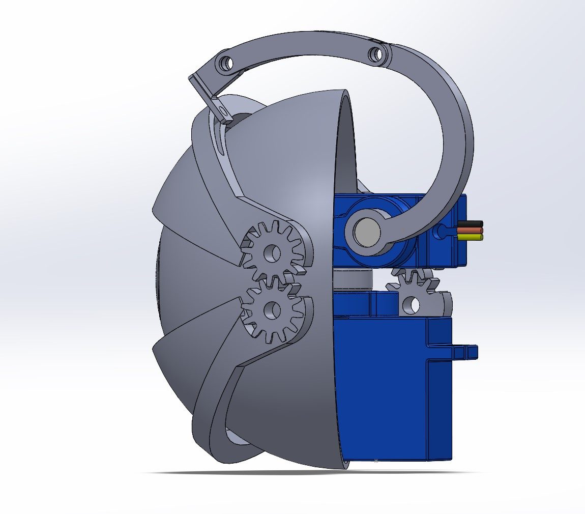 SolidWorks side view without the stand, showing the eyelid gears and the linkage arching over the eyeball