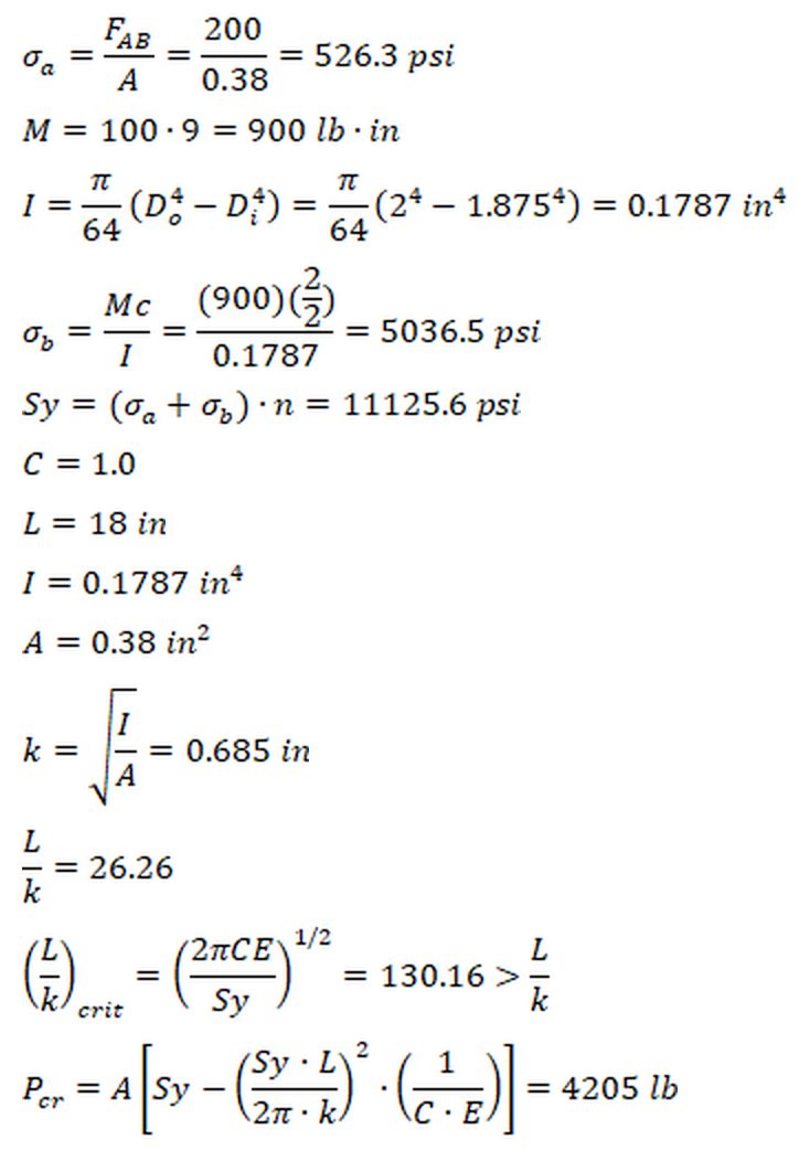 Typed calculation of the frame's axial and bending stress and its Johnson buckling load of 4205 lb