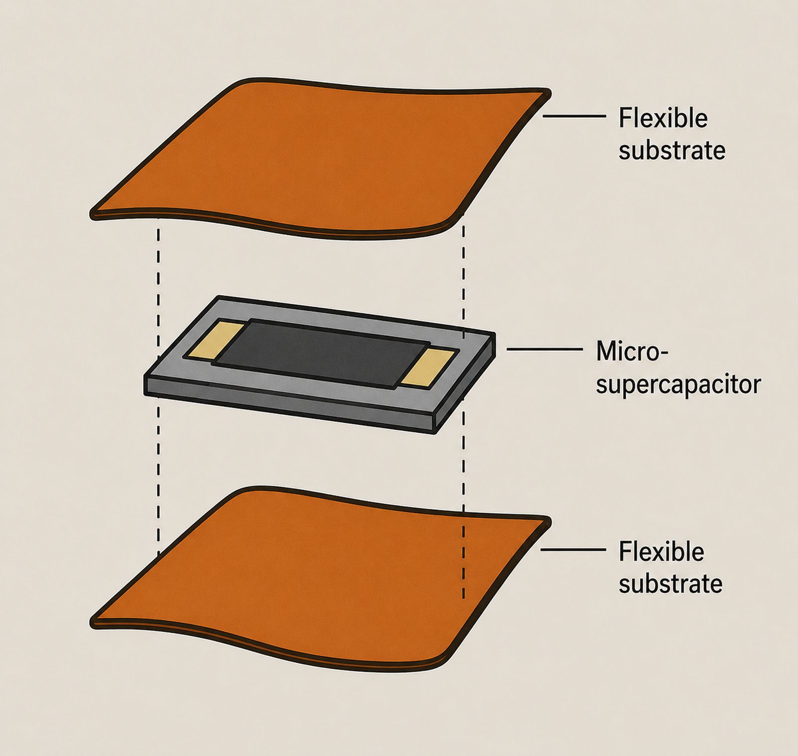 Exploded illustration of a micro-supercapacitor chip between two flexible orange substrate layers