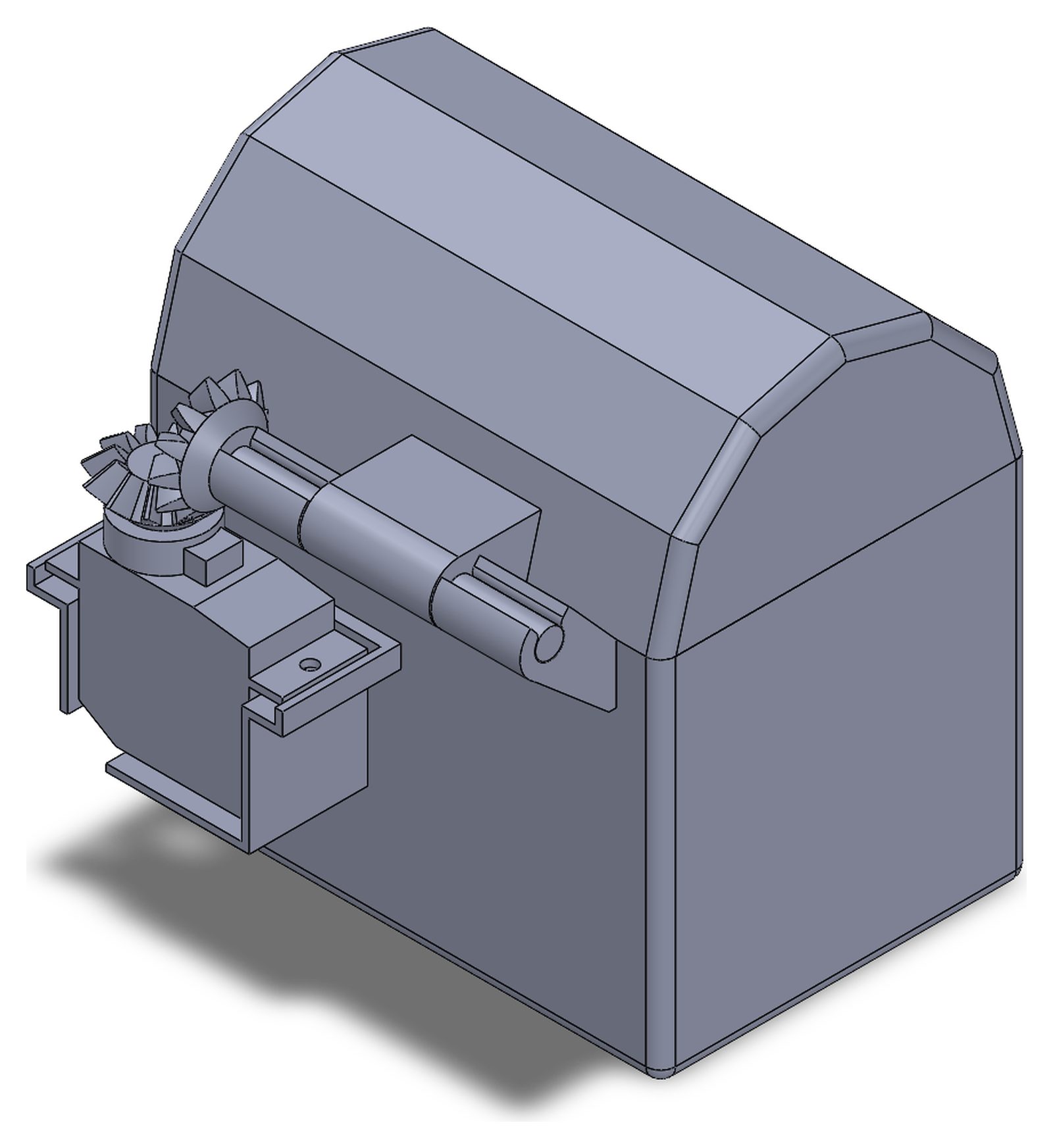 Rear isometric of the chest showing the servo, the two bevel gears and the lid hinge shaft