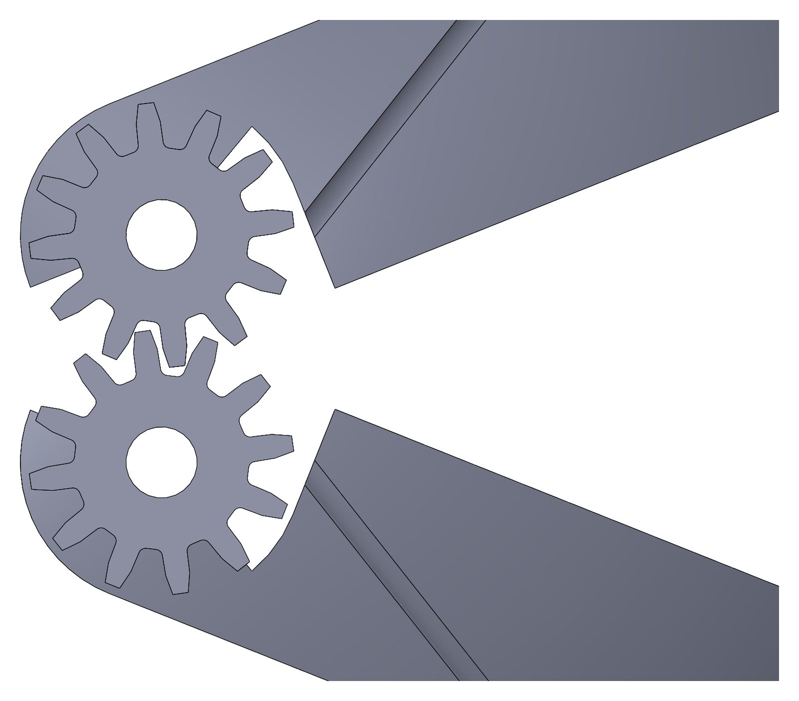 Close-up side view of two meshing 12-tooth spur gears on the eyelid hubs