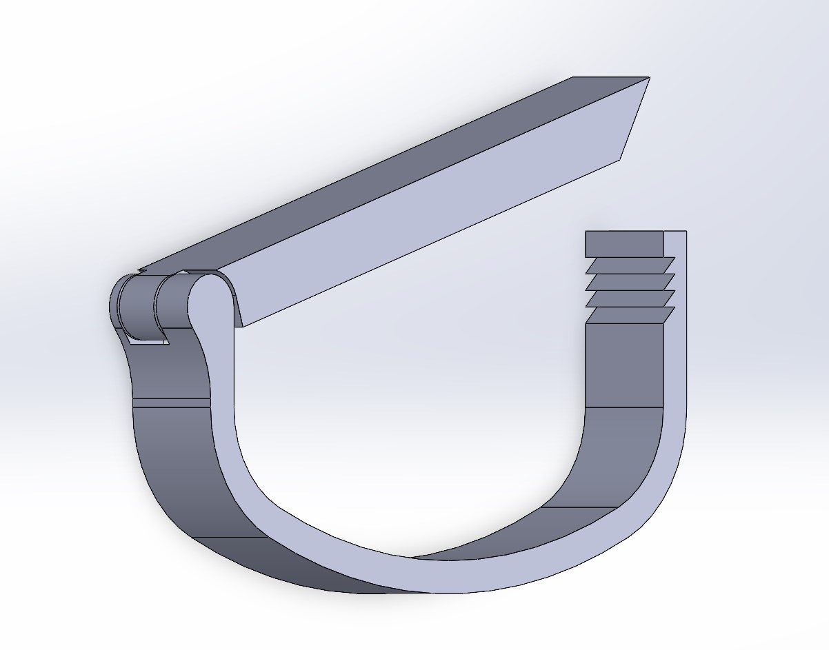 SolidWorks render of the one-piece capo: U-shaped clamp with a lever arm on a hinge