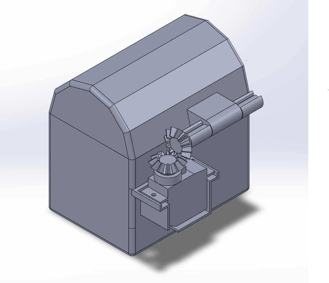SolidWorks render of the treasure chest with the servo and bevel gears mounted at the hinge